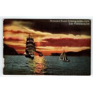 Ship Boat Postcard Sunset Home Bound Golden Gate San Francisco California PNC
